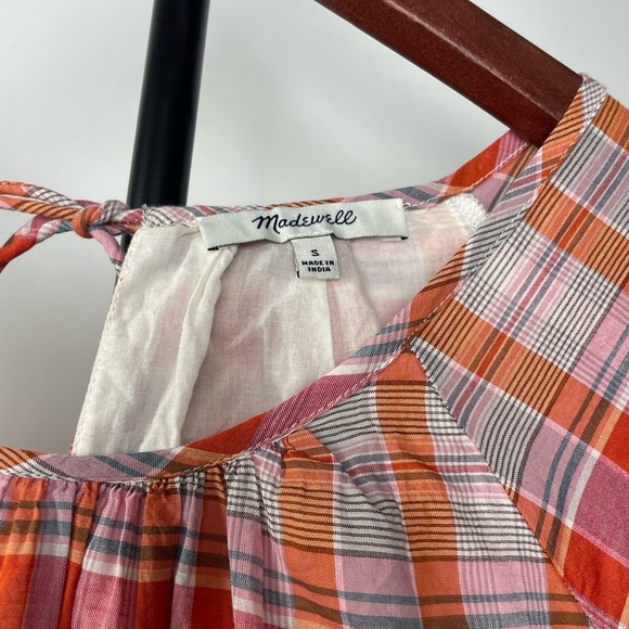 Madewell Pink Orange Plaid Ruffle-Sleeve Popover Mini Babydoll Dress - Picture 3 of 9